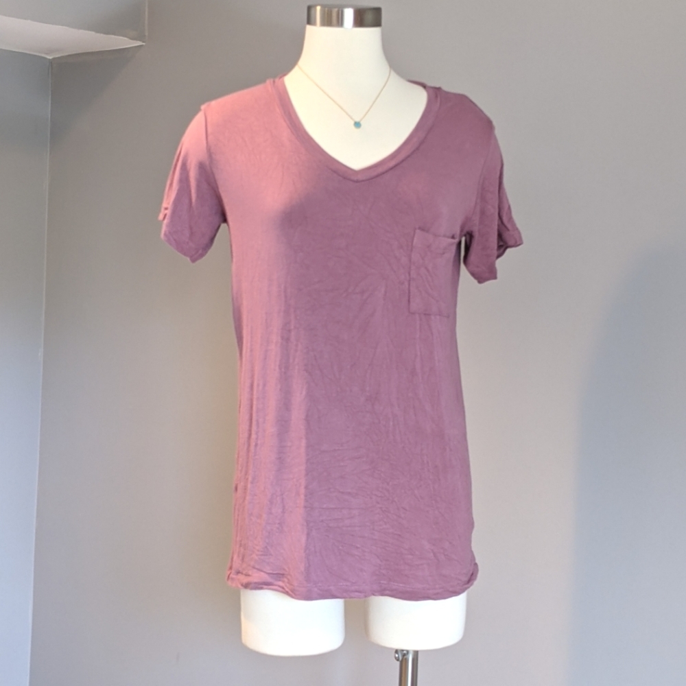 Purple Pink V Neck Tee Shirt w/ Front Pocket